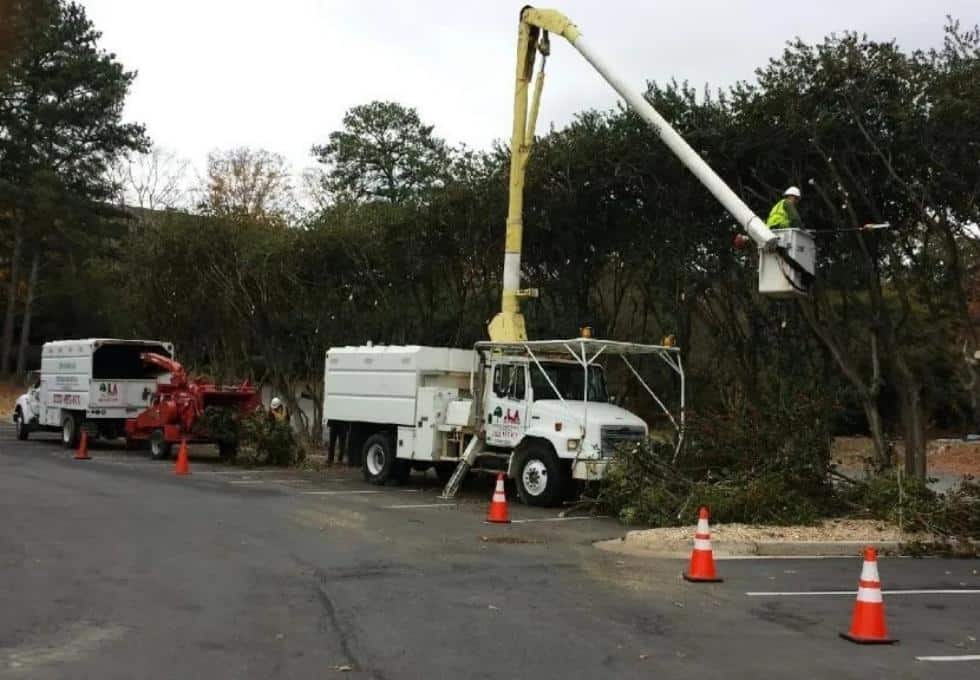 storm damage cleanup with bucket truck by aj tree service in lithia springs georgia